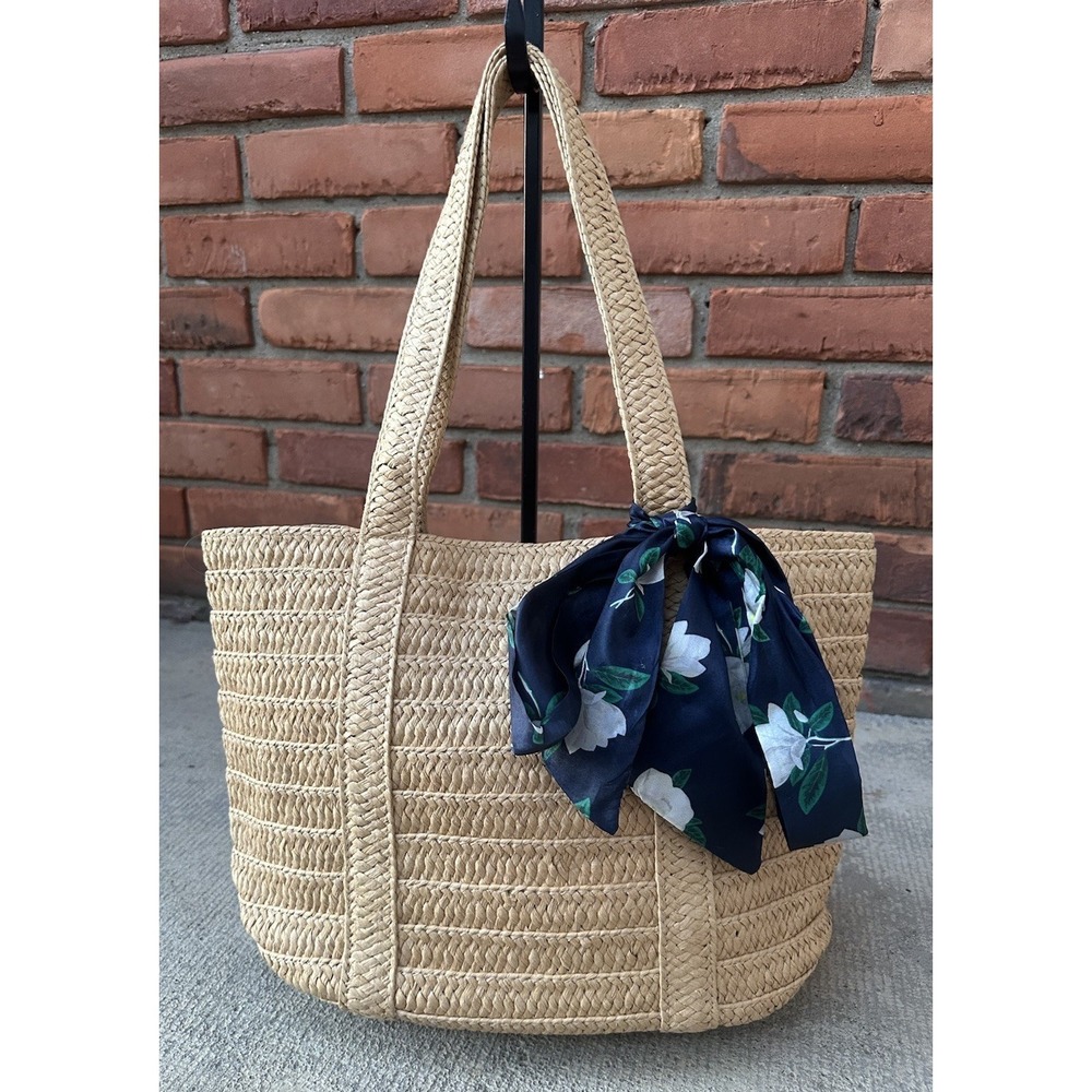 Draper‎ James Straw Tote Bag Natural Woven Beach Bag Floral Scarf Bow Large